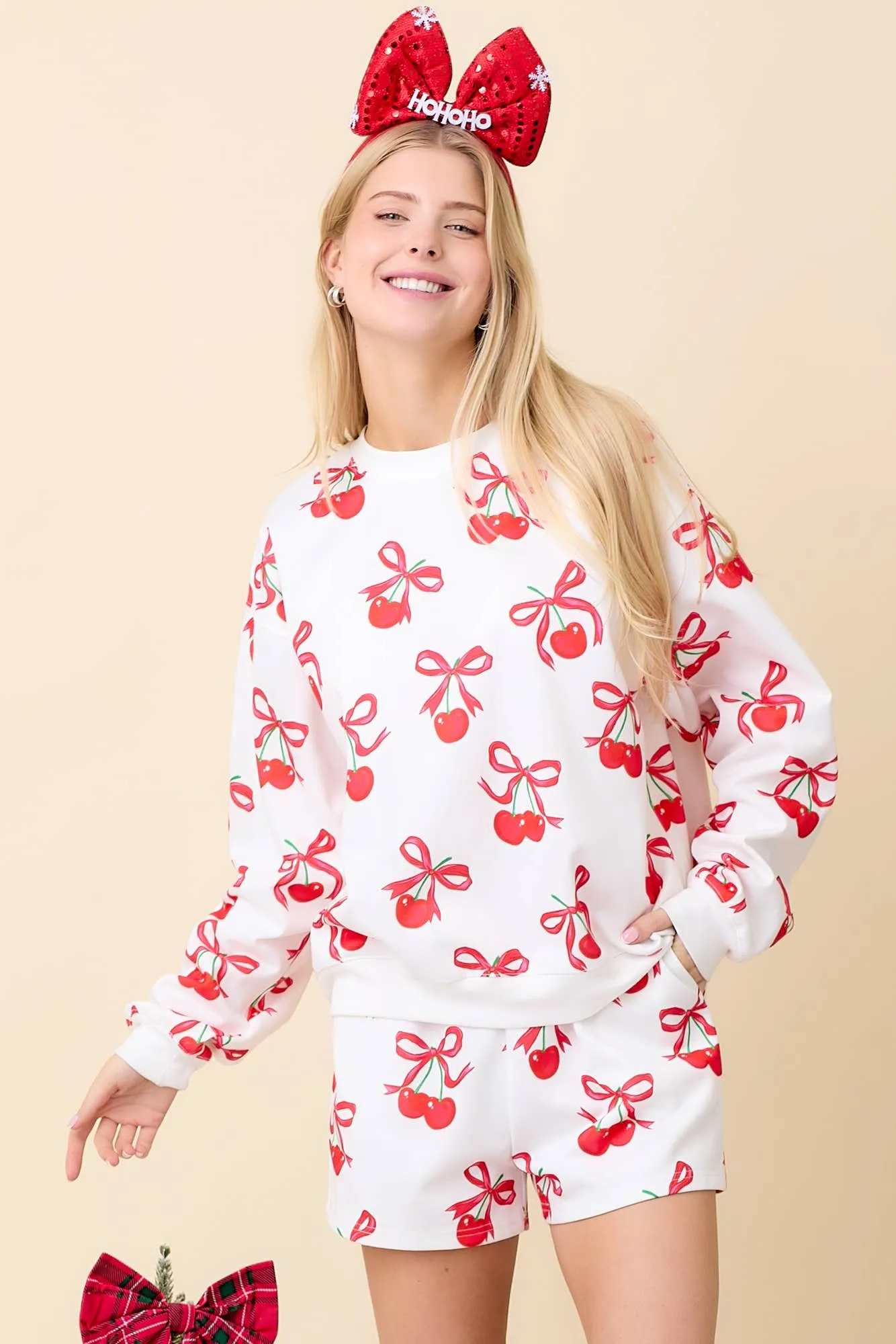 Cherry Bow Printed Crewneck Sweatshirt