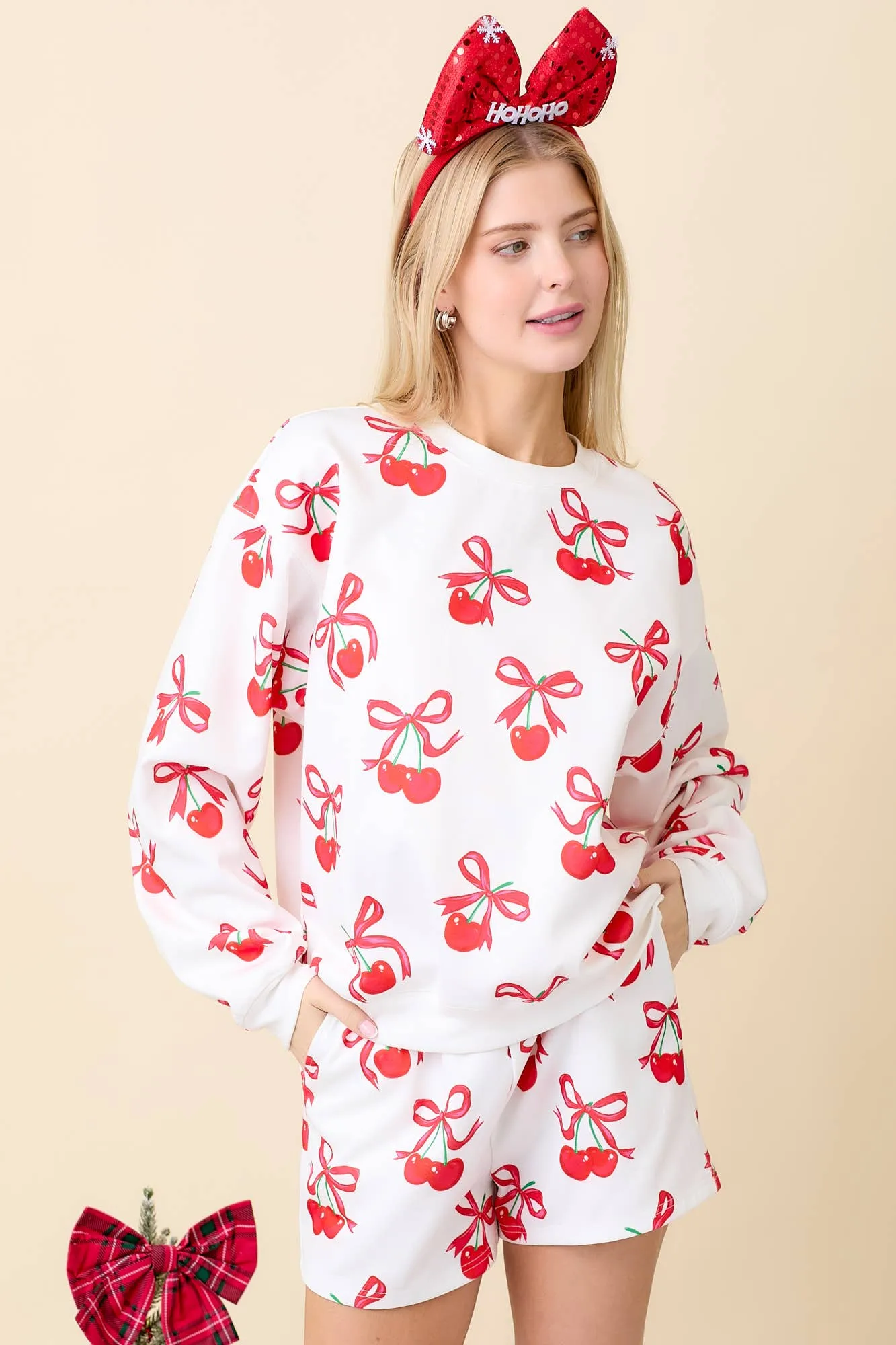 Cherry Bow Printed Crewneck Sweatshirt