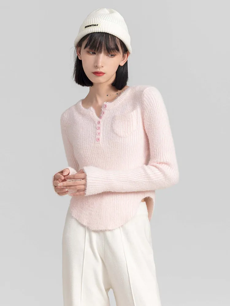 Fuzzy Skinny Ribbed Half Button Top