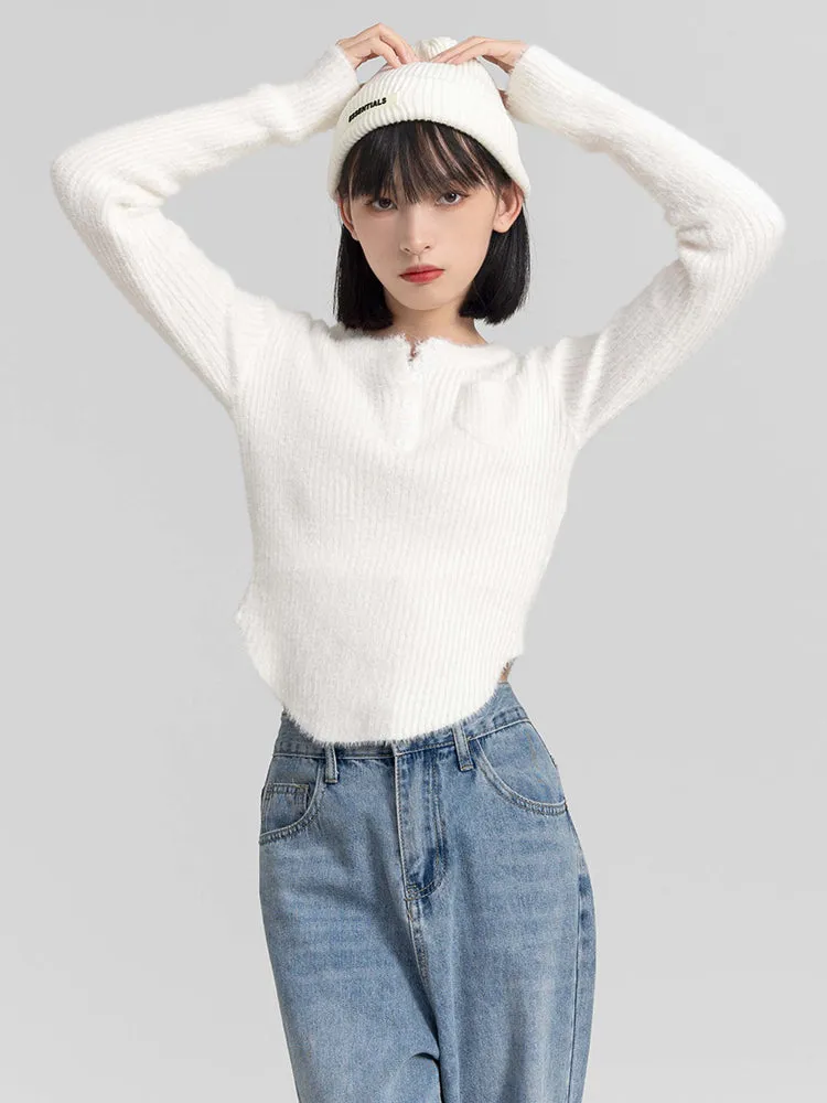 Fuzzy Skinny Ribbed Half Button Top