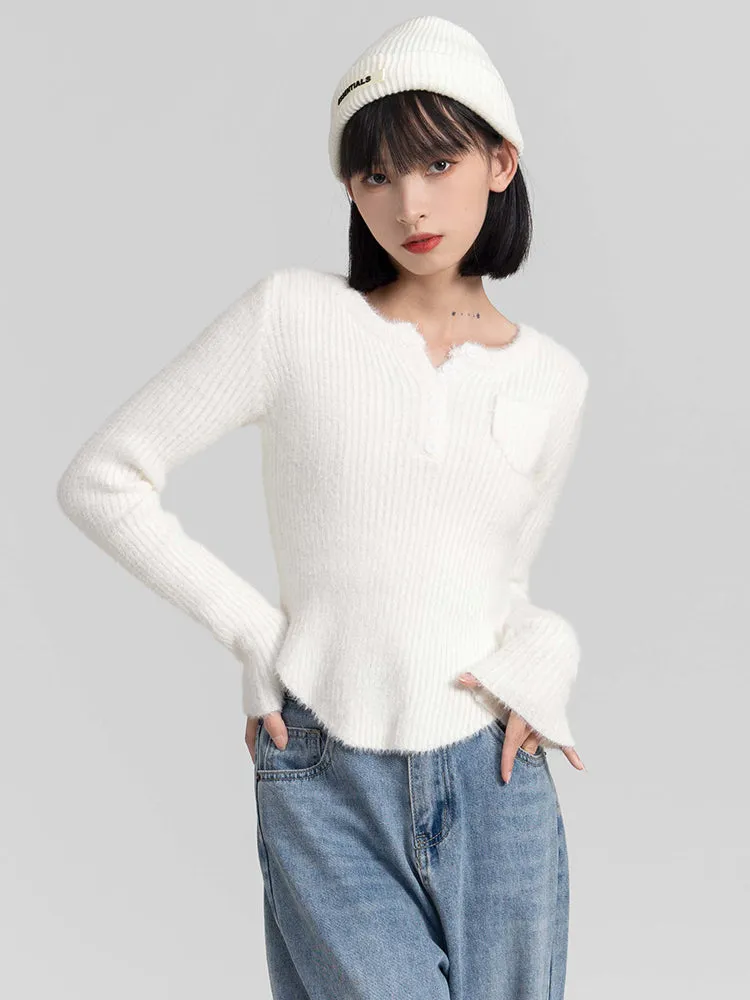 Fuzzy Skinny Ribbed Half Button Top