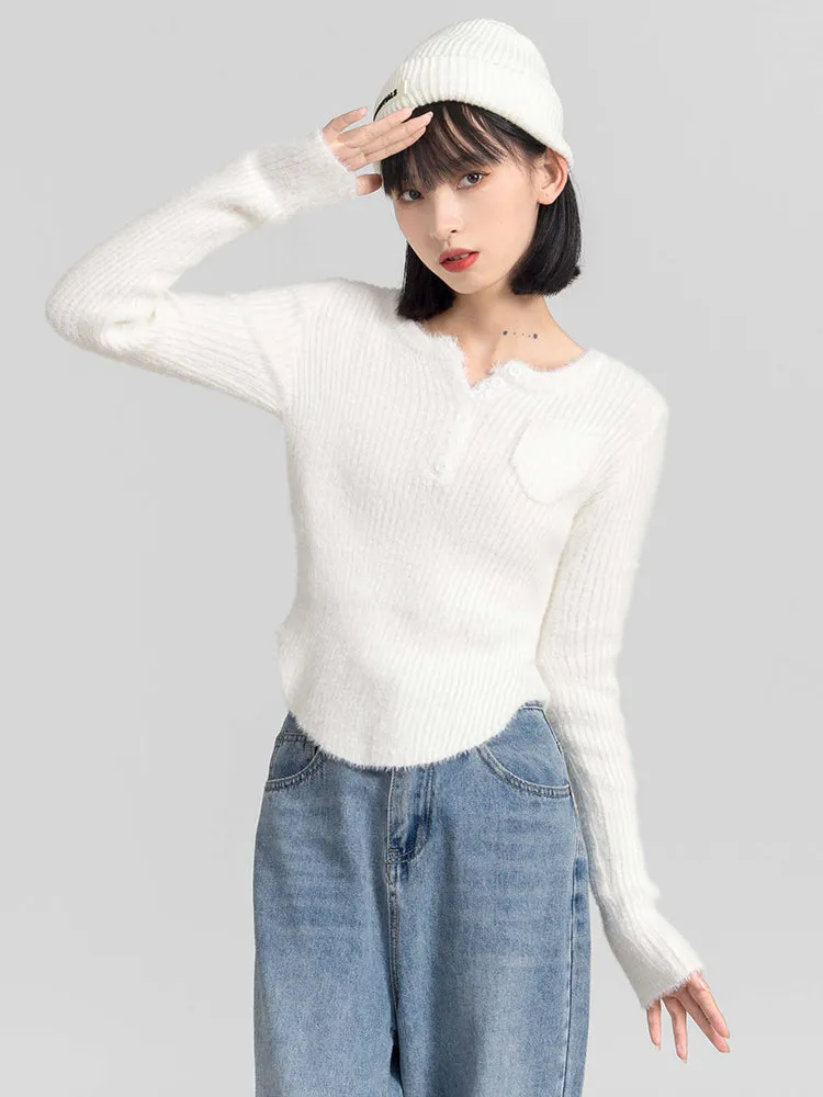Fuzzy Skinny Ribbed Half Button Top