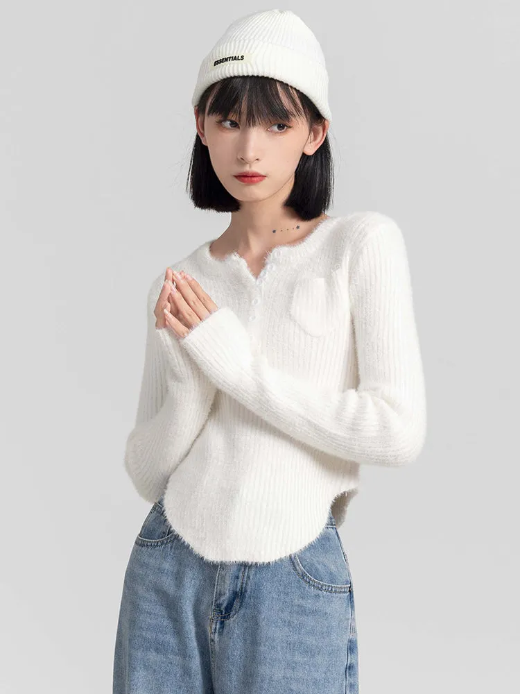 Fuzzy Skinny Ribbed Half Button Top