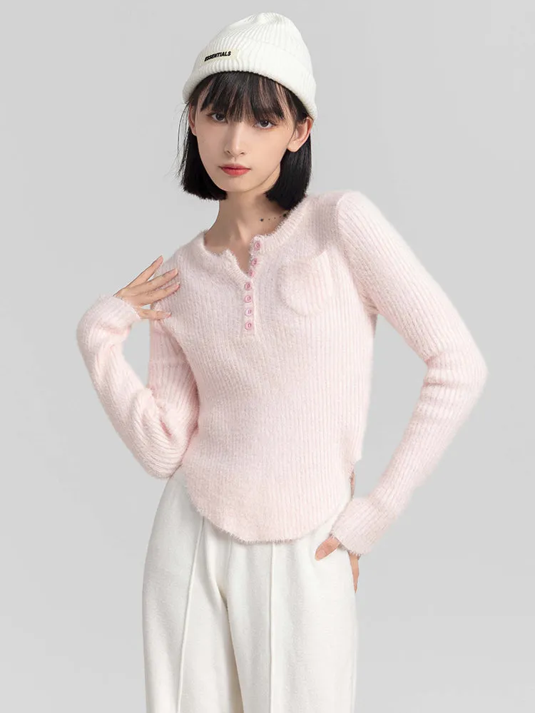 Fuzzy Skinny Ribbed Half Button Top