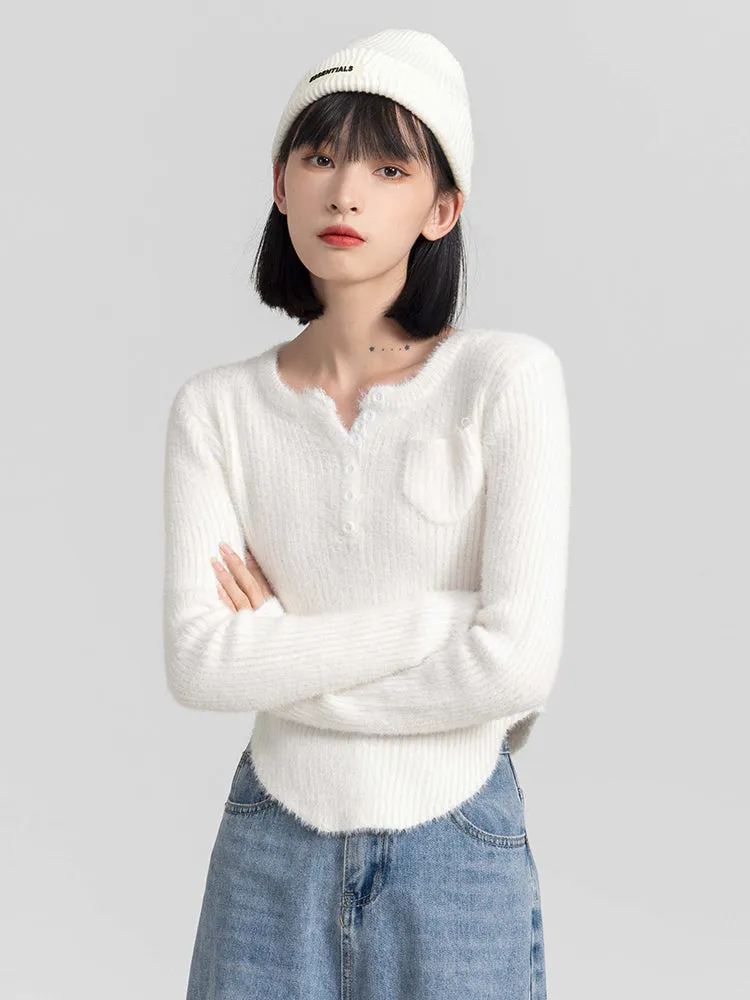Fuzzy Skinny Ribbed Half Button Top