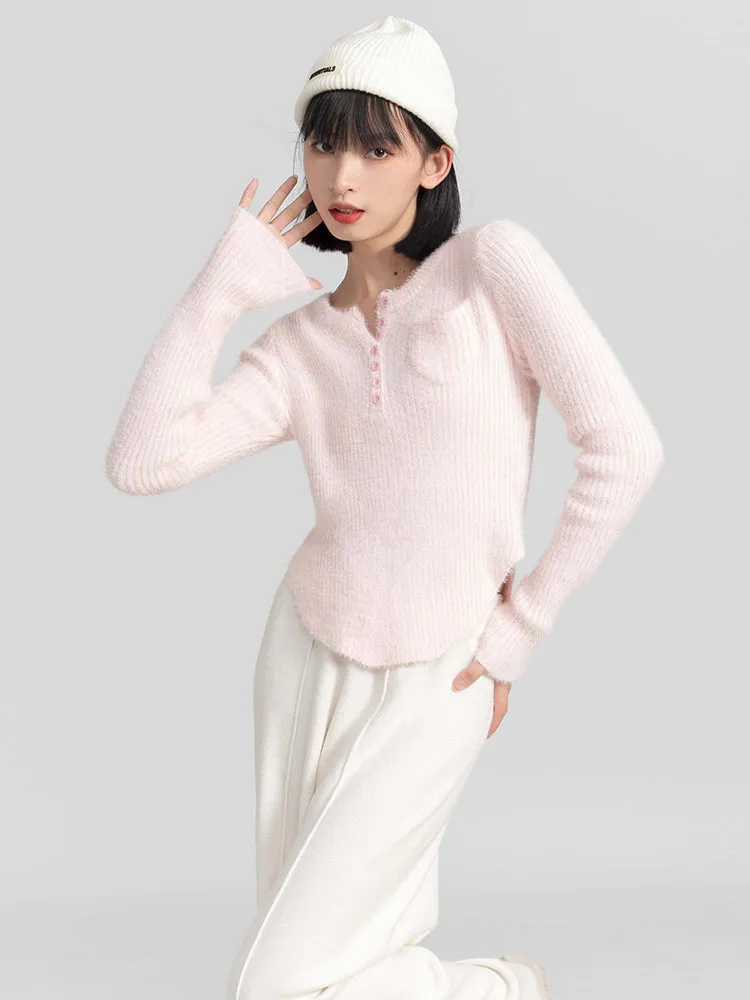 Fuzzy Skinny Ribbed Half Button Top