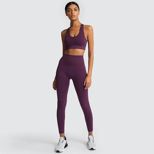 Seamless Workout Set Sport Leggings Top Set Yoga Outfits for Women Sportswear Athletic Clothes Gym Sets