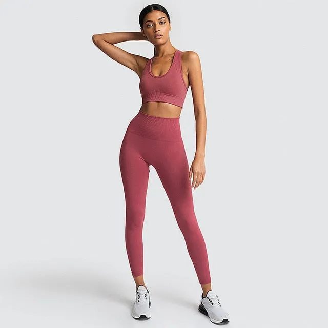 Seamless Workout Set Sport Leggings Top Set Yoga Outfits for Women Sportswear Athletic Clothes Gym Sets